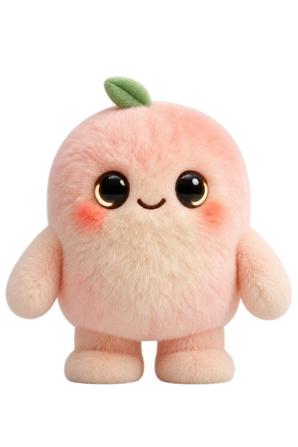 Mooi, a peach-pink plush companion with a cream face and belly, glossy eyes, little arms, short feet, and a small green leaf.